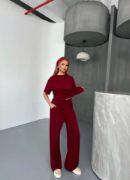 Osy Modal Yumuşak Dokulu Kumaş   Kısa Kollu Bluz Rahat Pantalon Ikili Takım- Bordo resmi